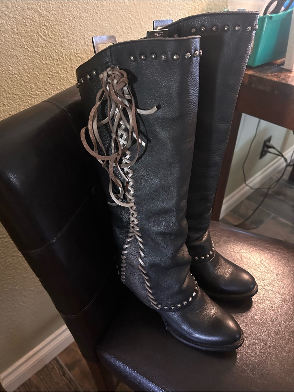 Lane Women's Black Over-the-Knee Studded Fringe Boots
